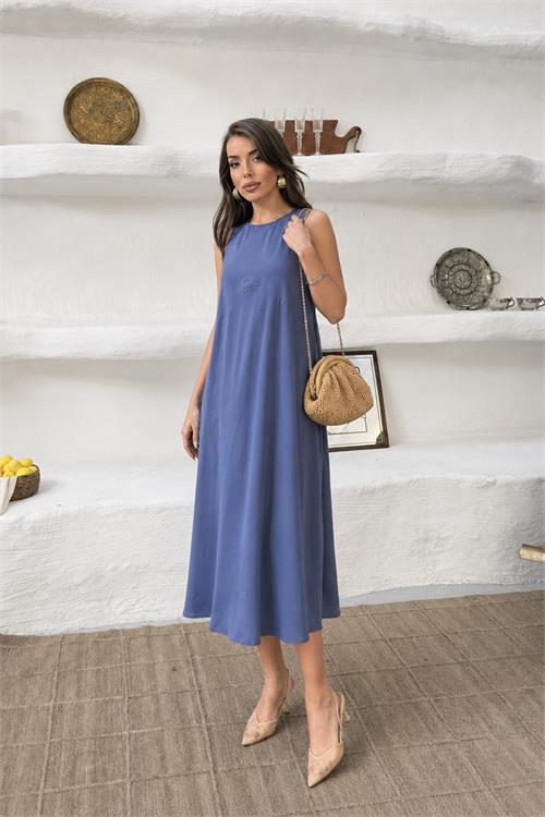 Neşeli butik kadın lacivert cep detaylı kolsuz oversize yazlık elbise NBNP038 