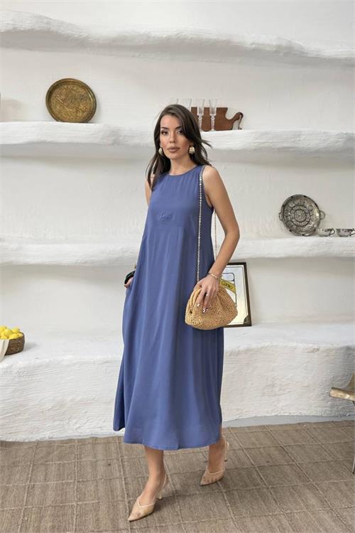 Neşeli butik kadın lacivert cep detaylı kolsuz oversize yazlık elbise NBNP038 