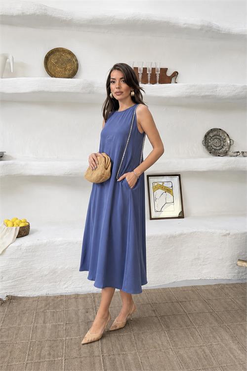 Neşeli butik kadın lacivert cep detaylı kolsuz oversize yazlık elbise NBNP038 