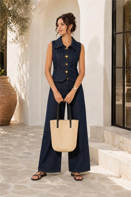 Neşeli butik kadın lacivert düğme detaylı denim yelek geniş paça pantolon takım NBTKM001 