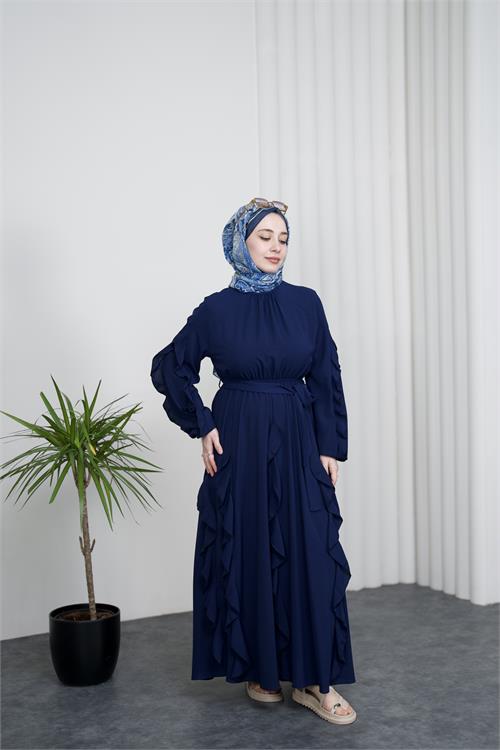 Neşeli butik kadın lacivert fırfırlı kuşak detaylı yazlık premium tesettür elbise --- NBVQ3150 