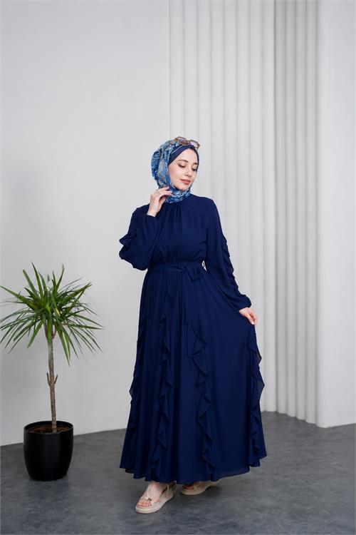 Neşeli butik kadın lacivert fırfırlı kuşak detaylı yazlık premium tesettür elbise --- NBVQ3150 