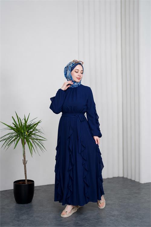 Neşeli butik kadın lacivert fırfırlı kuşak detaylı yazlık premium tesettür elbise --- NBVQ3150 