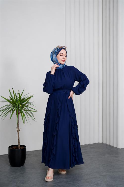 Neşeli butik kadın lacivert fırfırlı kuşak detaylı yazlık premium tesettür elbise --- NBVQ3150 