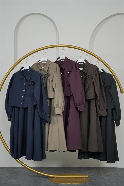 Neşeli butik kadın lacivert fiyonk aksesuarlı düğme detaylı etekli tesettür takım --- NBVQ3128 