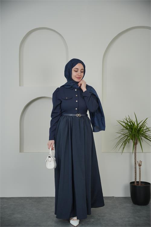 Neşeli butik kadın lacivert gömlek yaka düğmeli kemer detaylı tesettür elbise NBVQ4652 