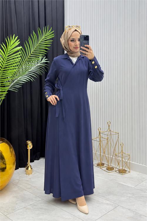 Neşeli butik kadın lacivert kol düğme detaylı beğlamalı tesettür ferace elbise --- NMS097 