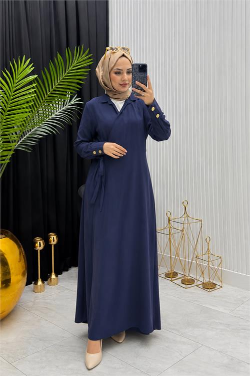 Neşeli butik kadın lacivert kol düğme detaylı beğlamalı tesettür ferace elbise --- NMS097 