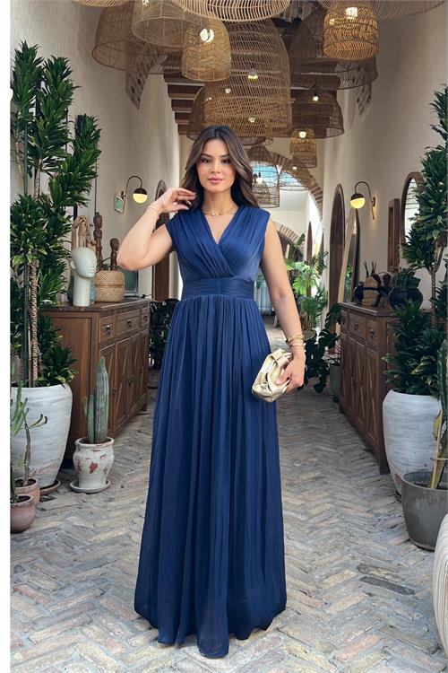 Neşeli butik kadın lacivert kruvaze yaka maxi boy premium elbise RYMY4057 
