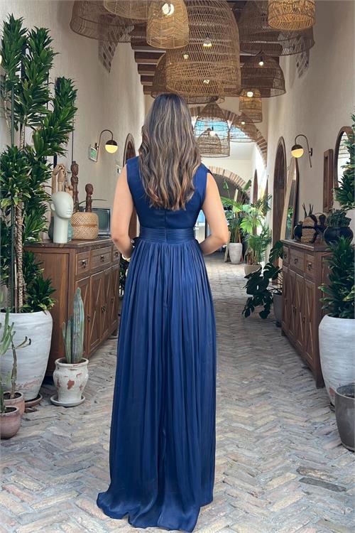 Neşeli butik kadın lacivert kruvaze yaka maxi boy premium elbise RYMY4057 