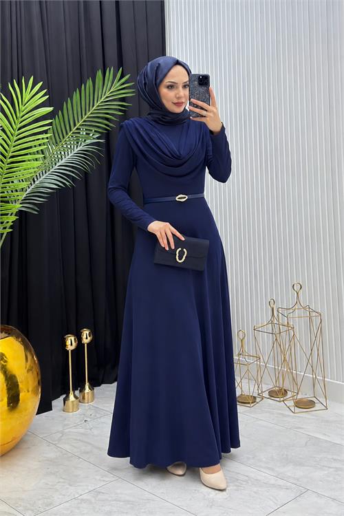 Neşeli butik kadın lacivert sandy kumaş degaje yaka kemer detaylı tesettür elbise---- NMS096 