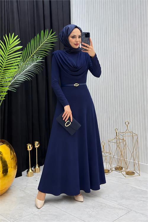 Neşeli butik kadın lacivert sandy kumaş degaje yaka kemer detaylı tesettür elbise---- NMS096 