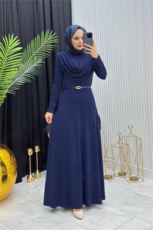 Neşeli butik kadın lacivert sandy kumaş degaje yaka kemer detaylı tesettür elbise---- NMS096 
