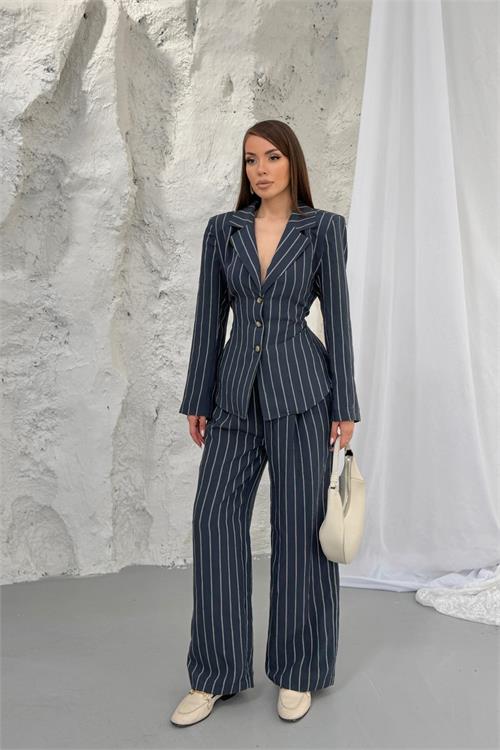 Neşeli butik kadın lacivert şerit desenli bel bağlamalı blazer ceket pantolon takım --- NBNP030 