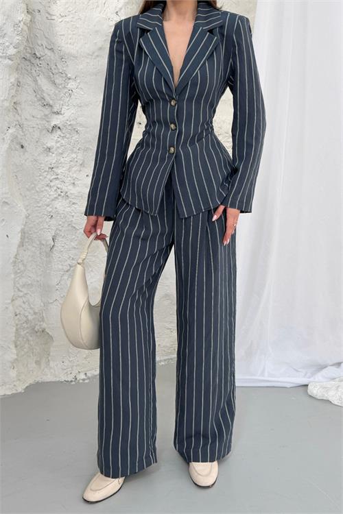 Neşeli butik kadın lacivert şerit desenli bel bağlamalı blazer ceket pantolon takım --- NBNP030 