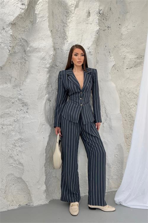 Neşeli butik kadın lacivert şerit desenli bel bağlamalı blazer ceket pantolon takım --- NBNP030 