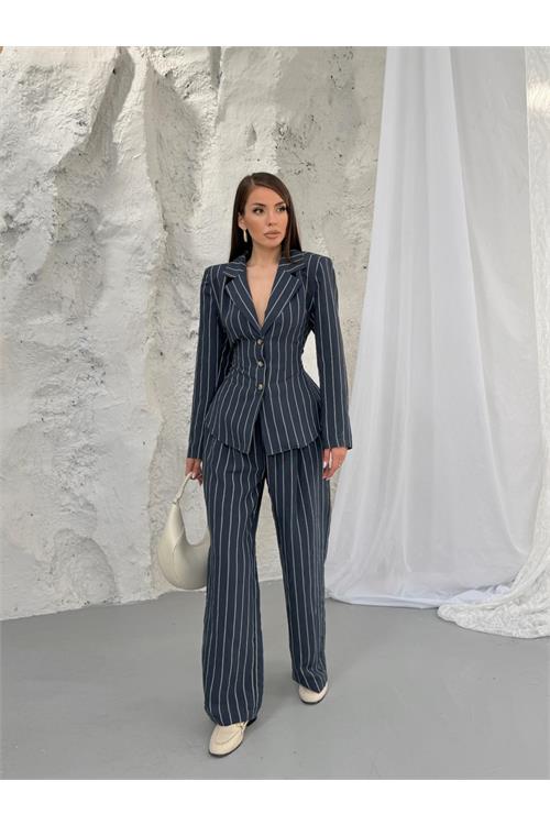 Neşeli butik kadın lacivert şerit desenli bel bağlamalı blazer ceket pantolon takım --- NBNP030 