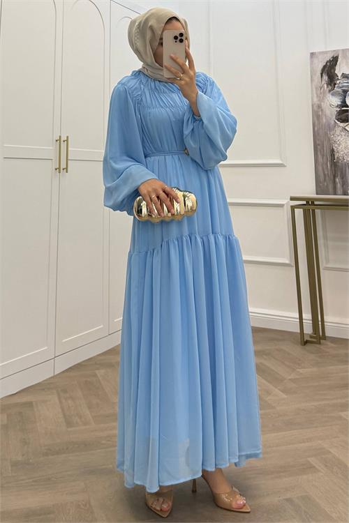 Neşeli butik kadın mavi balon kol astarlı kuşak detaylı şifon tesettür elbise ---- NMS095 
