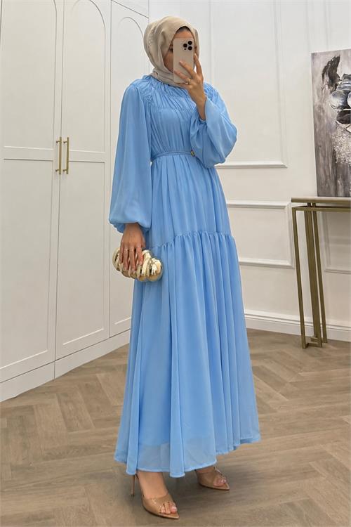 Neşeli butik kadın mavi balon kol astarlı kuşak detaylı şifon tesettür elbise ---- NMS095 