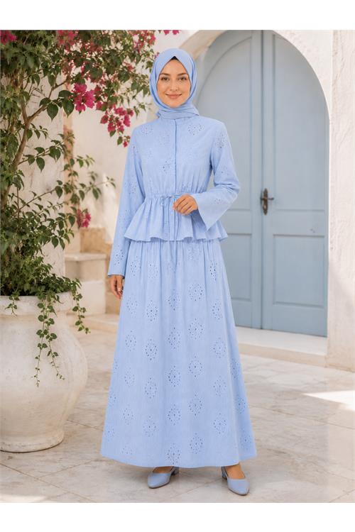 Neşeli butik kadın mavi brodeli bel lastikli etek bluz tesettür takım NBELB013 