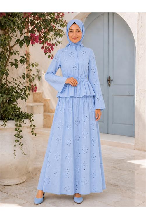 Neşeli butik kadın mavi brodeli bel lastikli etek bluz tesettür takım NBELB013 