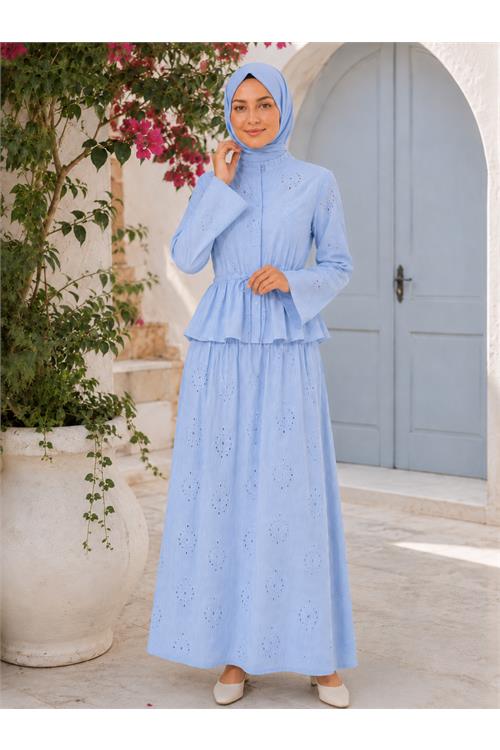 Neşeli butik kadın mavi brodeli bel lastikli etek bluz tesettür takım NBELB013 