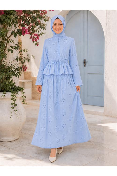 Neşeli butik kadın mavi brodeli bel lastikli etek bluz tesettür takım NBELB013 