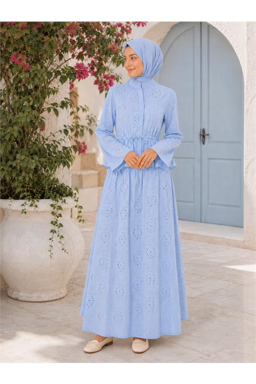 Neşeli butik kadın mavi brodeli bel lastikli etek bluz tesettür takım NBELB013 