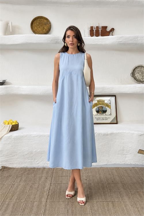 Neşeli butik kadın bebe mavi cep detaylı kolsuz oversize yazlık elbise NBNP038 