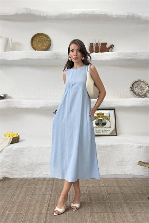 Neşeli butik kadın bebe mavi cep detaylı kolsuz oversize yazlık elbise NBNP038 