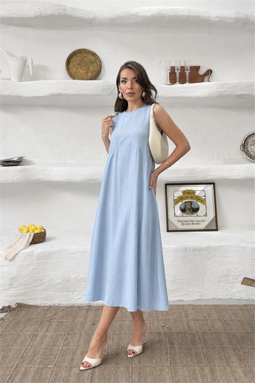 Neşeli butik kadın bebe mavi cep detaylı kolsuz oversize yazlık elbise NBNP038 