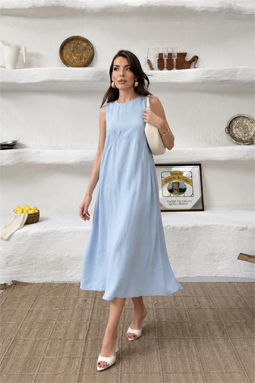 Neşeli butik kadın bebe mavi cep detaylı kolsuz oversize yazlık elbise NBNP038 