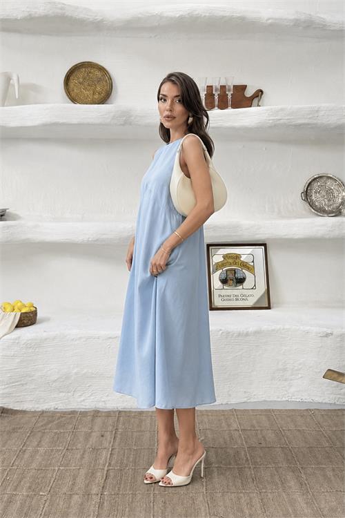 Neşeli butik kadın bebe mavi cep detaylı kolsuz oversize yazlık elbise NBNP038 