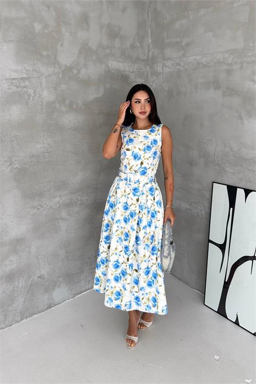 Neşeli butik kadın mavi çiçek desenli kolsuz midi boy kloş kemerli elbise NBK4645 