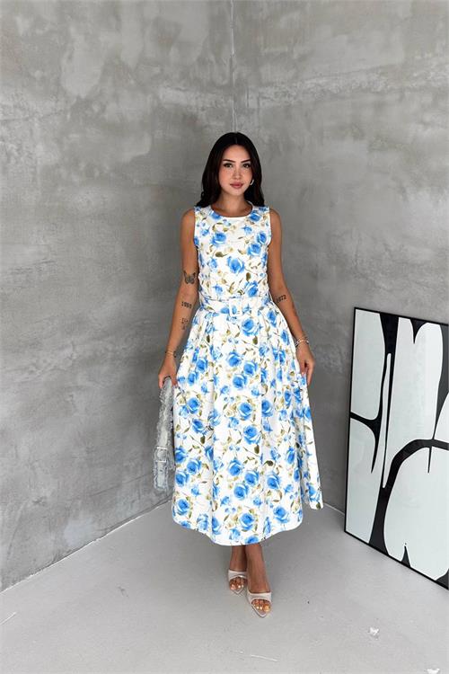 Neşeli butik kadın mavi çiçek desenli kolsuz midi boy kloş kemerli elbise NBK4645 