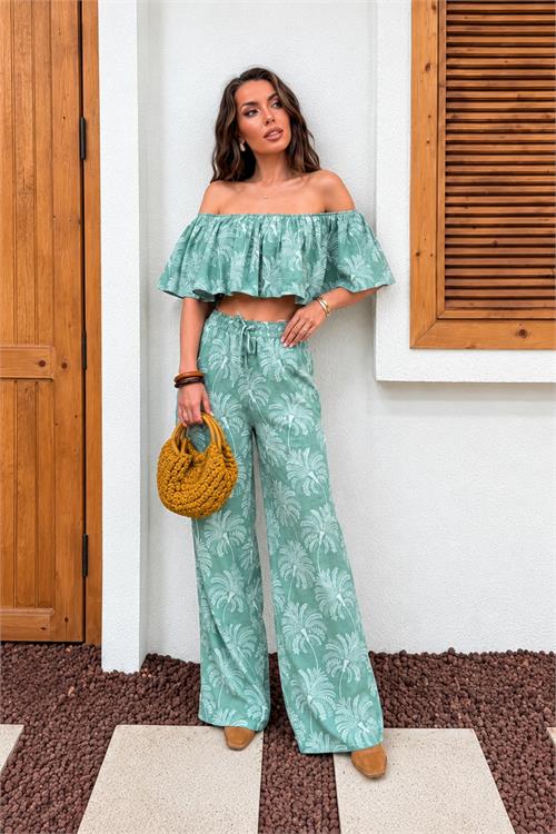 Neşeli butik kadın mavi desenli madonna yaka volanlı bluz pantolon ikili yazlık takım NBNP035 