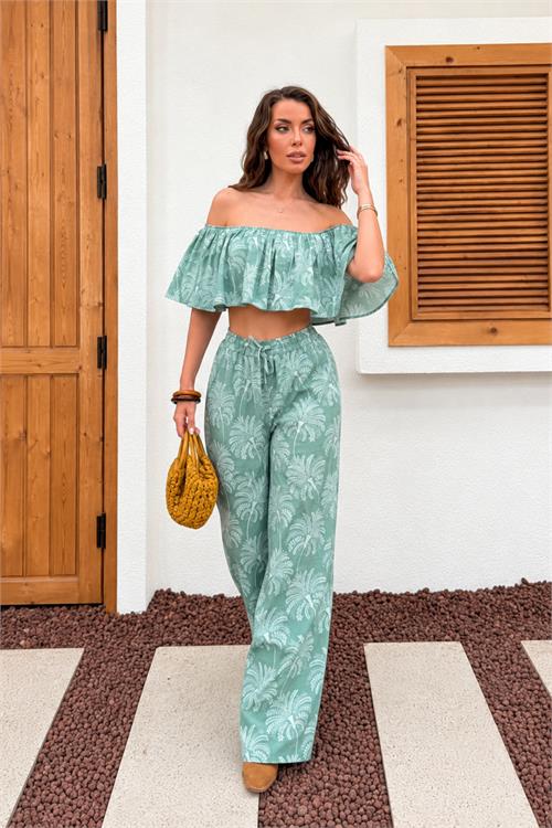 Neşeli butik kadın mavi desenli madonna yaka volanlı bluz pantolon ikili yazlık takım NBNP035 