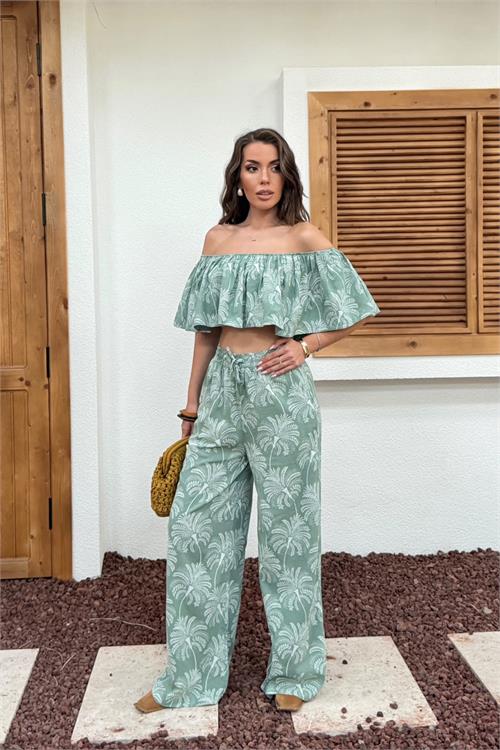 Neşeli butik kadın mavi desenli madonna yaka volanlı bluz pantolon ikili yazlık takım NBNP035 