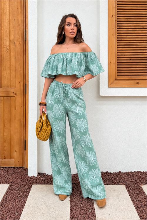 Neşeli butik kadın mavi desenli madonna yaka volanlı bluz pantolon ikili yazlık takım NBNP035 