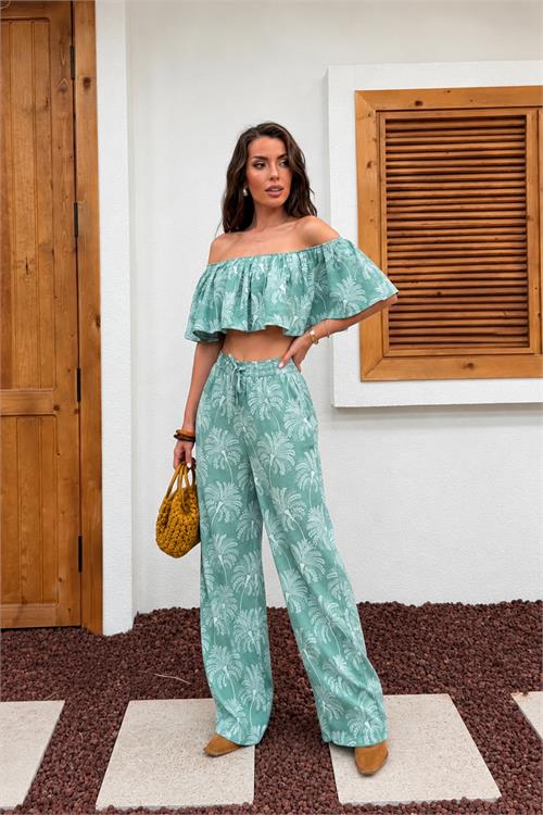 Neşeli butik kadın mavi desenli madonna yaka volanlı bluz pantolon ikili yazlık takım NBNP035 
