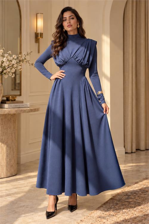 Neşeli butik kadın mavi dik yaka vatkalı krep kumaş boyun bağlamalı elbise NBMY4158 