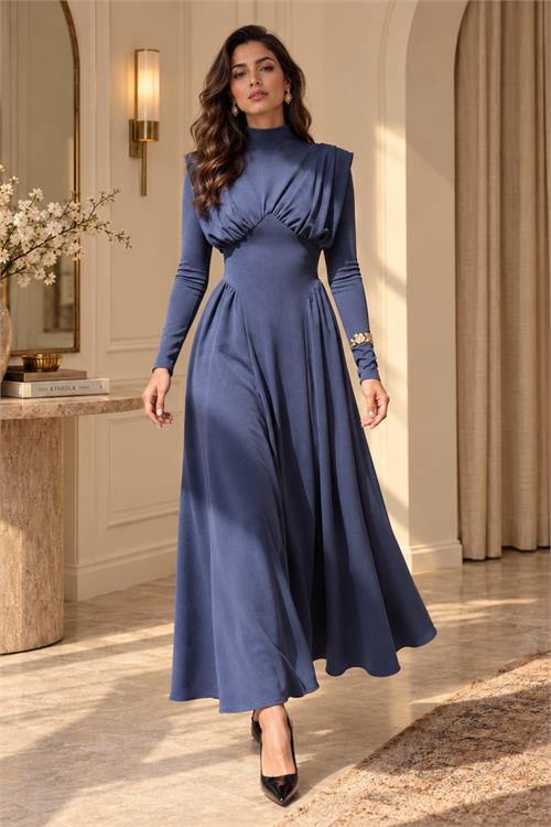 Neşeli butik kadın mavi dik yaka vatkalı krep kumaş boyun bağlamalı elbise NBMY4158 