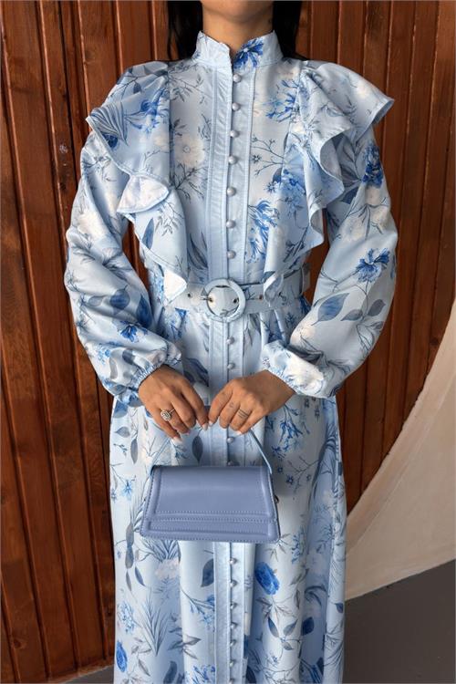 Neşeli butik kadın mavi fırfır detaylı çiçek desenli atlas kumaş düğmeli tasarım elbise NBMS26102 
