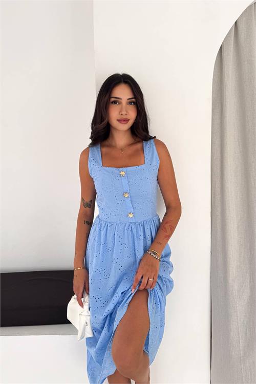 Neşeli butik kadın bebe mavi fisto işlemeli düğme detaylı midi boy kare yaka elbise NBK4644 
