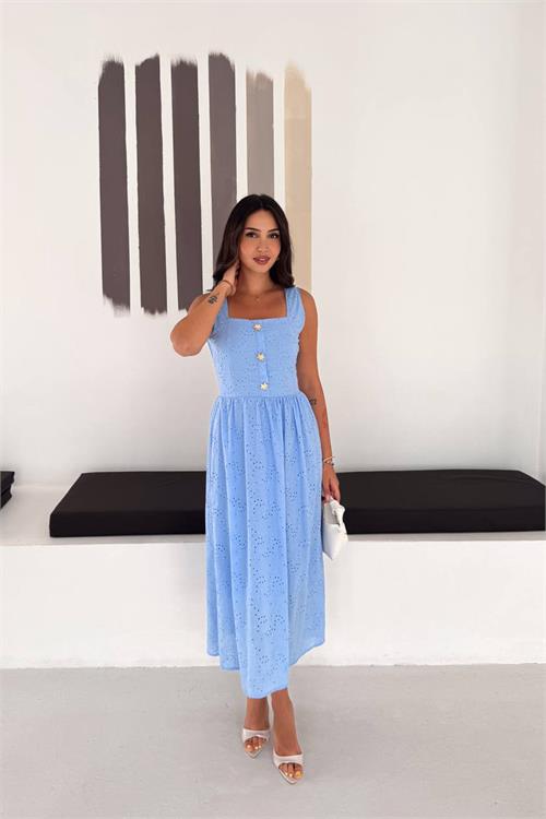 Neşeli butik kadın bebe mavi fisto işlemeli düğme detaylı midi boy kare yaka elbise NBK4644 