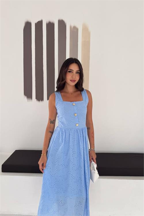 Neşeli butik kadın bebe mavi fisto işlemeli düğme detaylı midi boy kare yaka elbise NBK4644 
