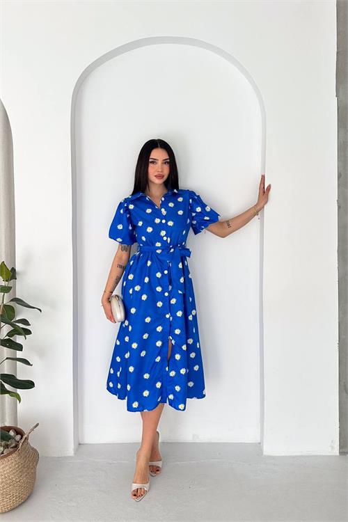 Neşeli butik kadın mavi gömlek yaka balon kol çiçek baskılı yazlık midi elbise -----NBK4617 