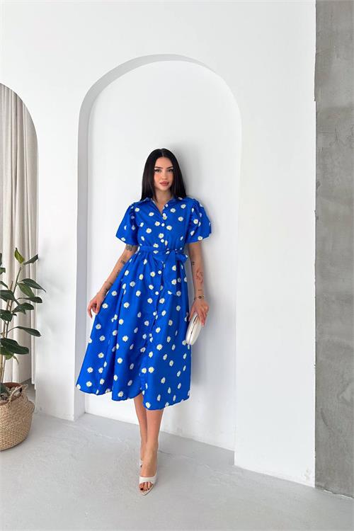 Neşeli butik kadın mavi gömlek yaka balon kol çiçek baskılı yazlık midi elbise -----NBK4617 