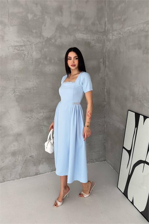 Neşeli butik kadın mavi kare yaka taş detaylı etek drapeli midi boy elbise ---- NBK4621 