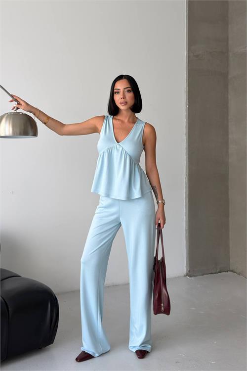 Neşeli butik kadın bebe mavi modal kumaş volanlı atlet geniş paça pantolon yazlık ikili takım NBG132 